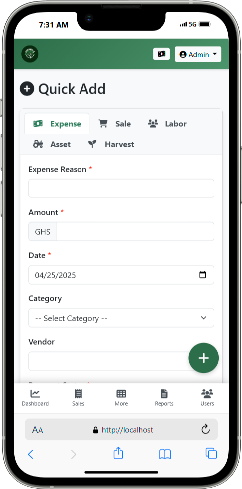 AgroVya Mobile App showing expense tracking interface